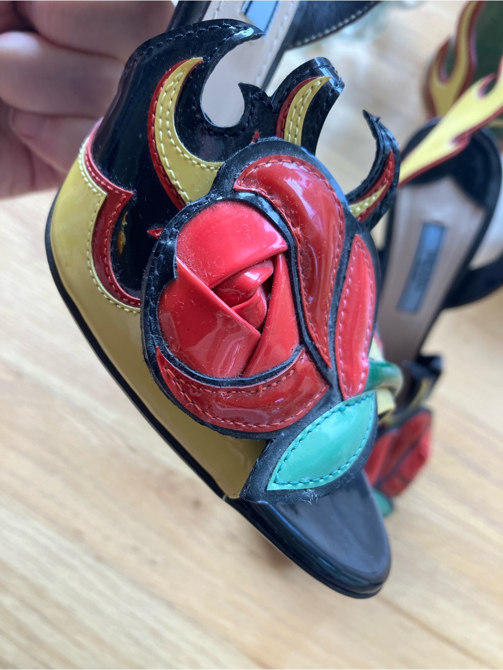 Iconic Prada Hot Rod Flames Heels SS 2012 Yellow With Roses Like New 36.5/6.5 - Picture 8 of 14